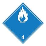 Nebezpečenstvo vytvorenia horľavého plynu pri styku s vodou č.4 biely symbol, plast 1 mm,100x100 mm