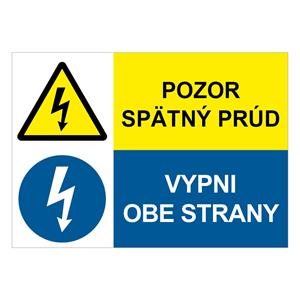 Pozor spätný prúd-Vypni obe strany, kombinácia, samolepka 210x148mm