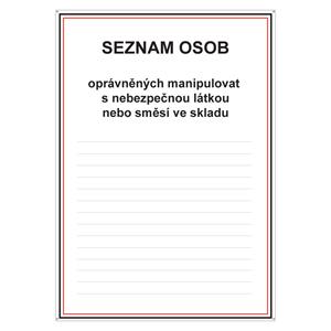 SEZNAM OSOB OPRÁVNĚNÝCH MANIPULOVAT S NEBEZPEČNOU LÁTKOU NEBO SMĚSÍ VE SKADU, plast 2 mm s dírkami A4