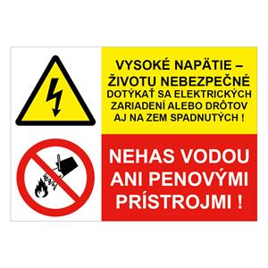 Vysoké napätie-životu nebezpečné alebo drôtov-Nehas vodou, kombinácia,plast 1mm,297x210mm