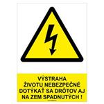 Výstraha, životu nebezpečné dotýkať sa drôtov aj na zem spadnutých! - bezpečnostná tabuľka, samolepka A4