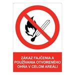 Zákaz fajčenia a používania otvoreného ohňa v celom areáli - bezpečnostná tabuľka s dierkami, plast A4, 2 mm