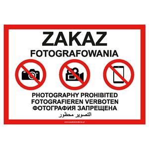 Zakaz fotografowania - znak BHP, płyta PVC A4, 2 mm